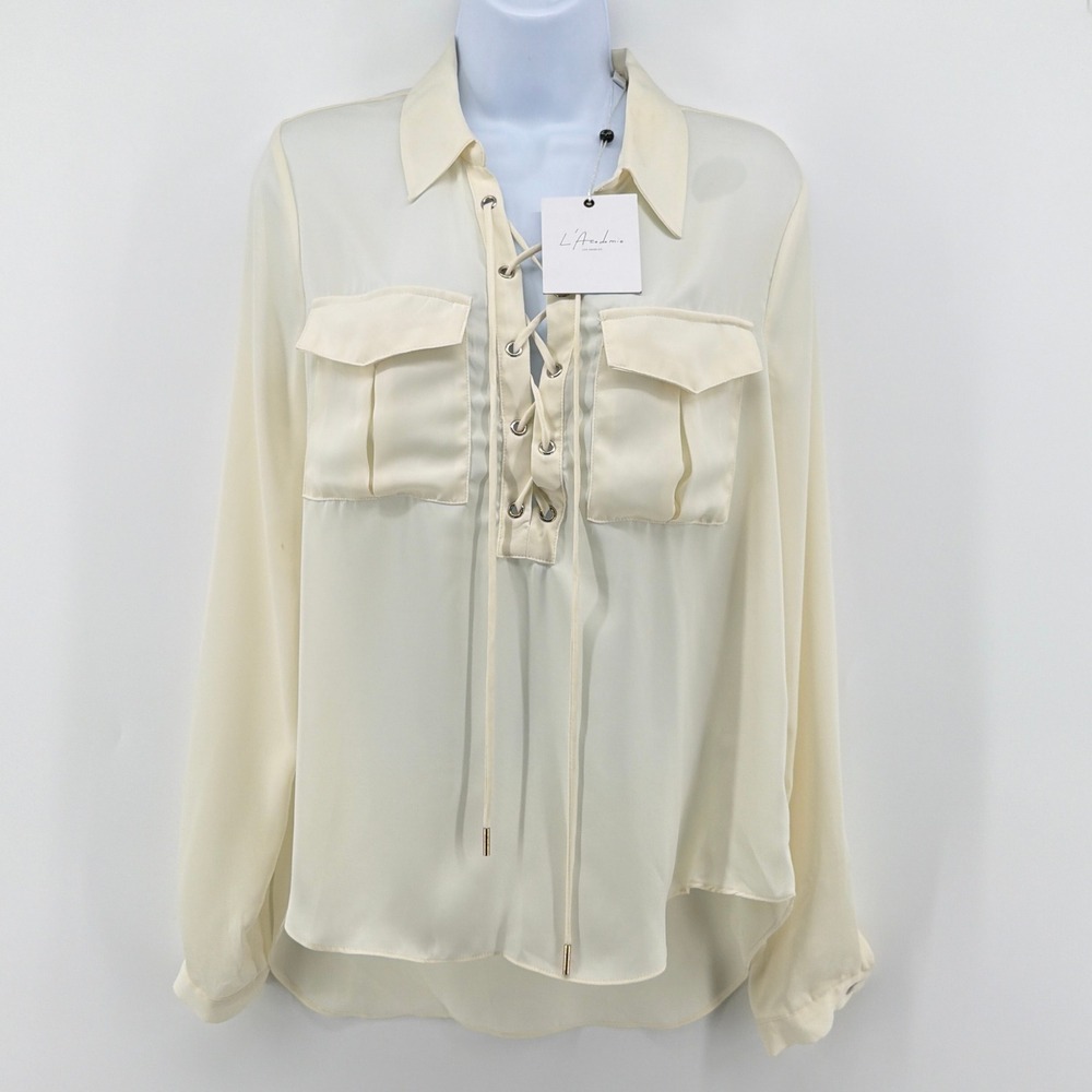 NWT L'Academie Ivory Lace Up Grommet Utility Blouse Flap Pockets Hi Low Top S